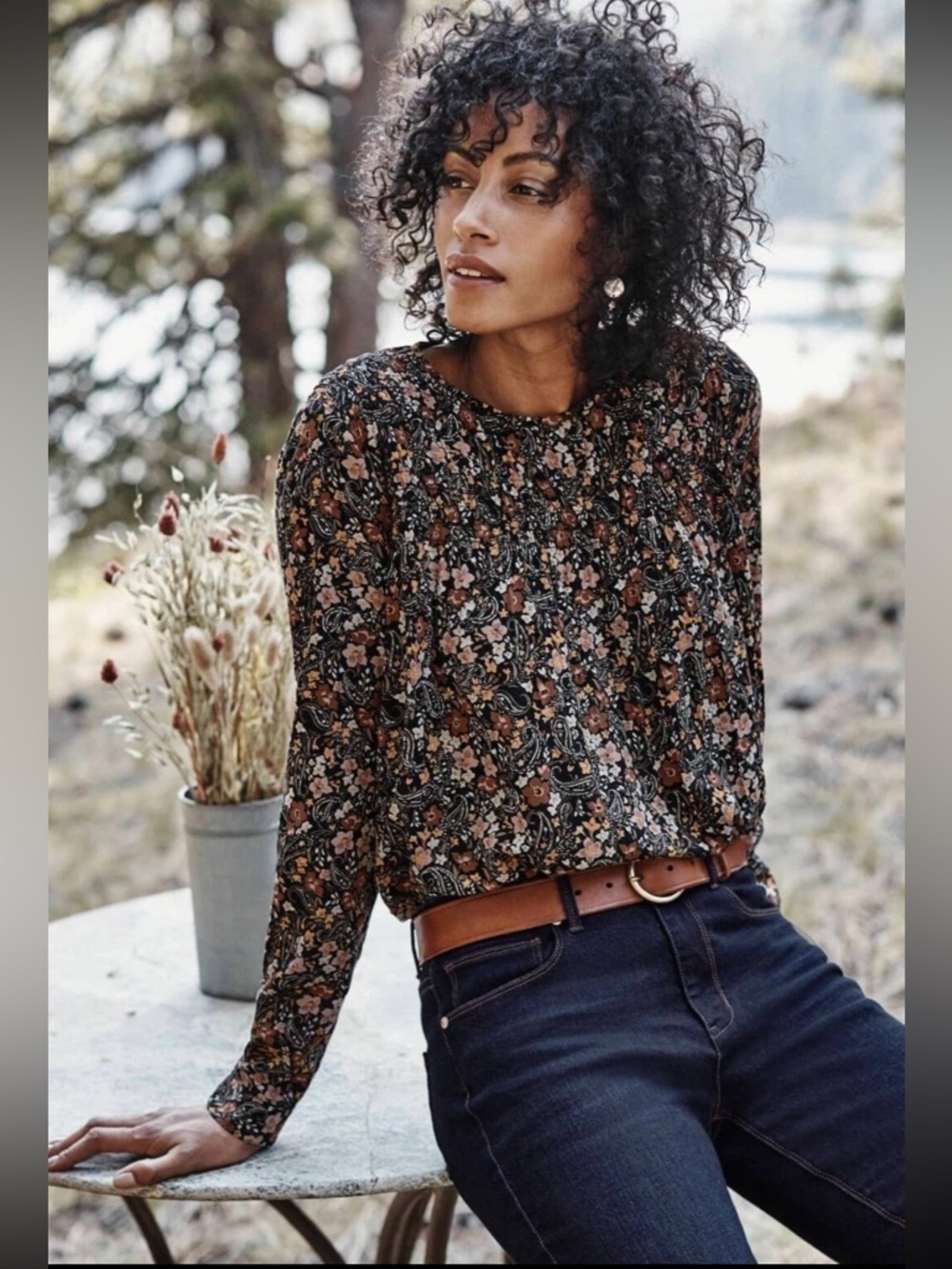J. Jill Floral Paisley Smocked‎ Blouse Petite Large Rayon Boho Top